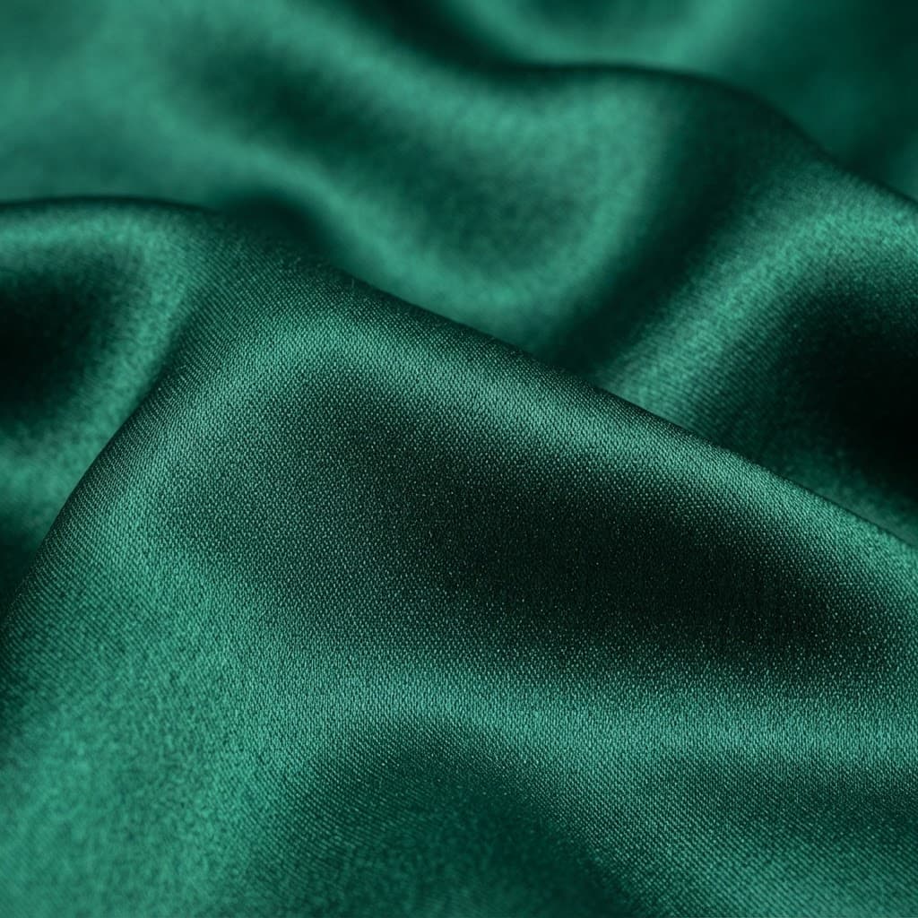 Close-up of emerald satin fabric showing its sheen and drape