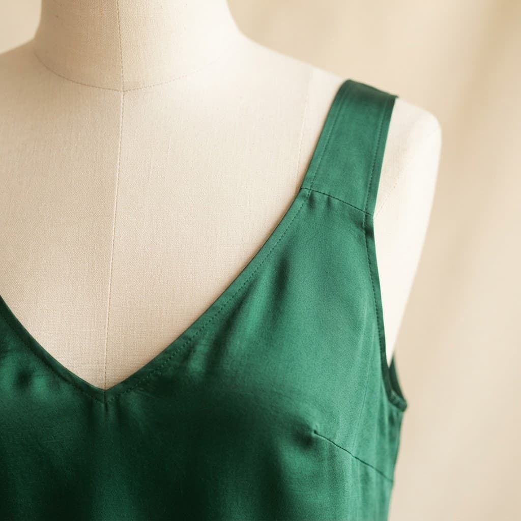 Close-up of a V-neckline on an emerald dress form