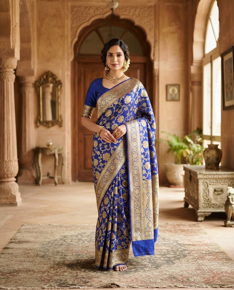 Royal blue silk saree with gold zari border on a model in a haveli courtyard