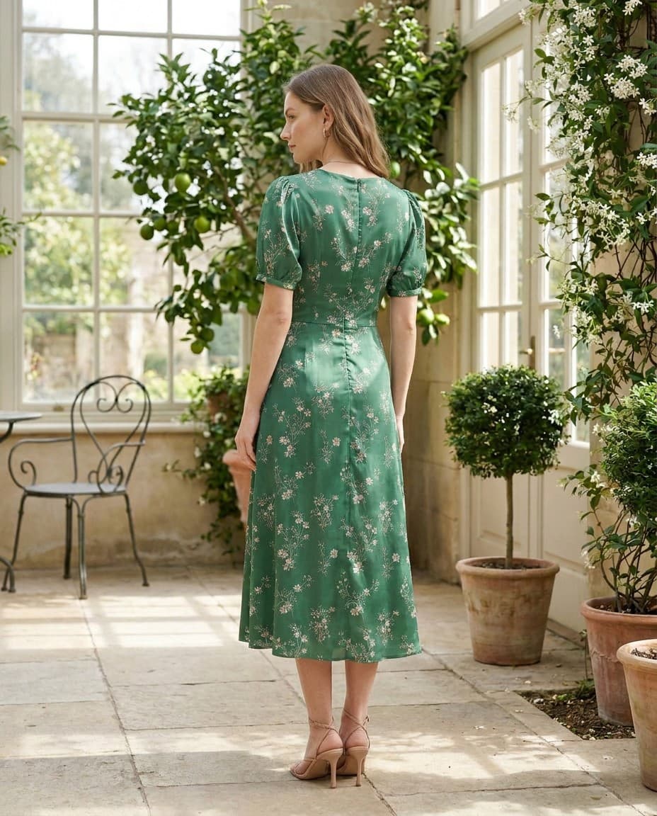 Back view of the green floral dress on a model