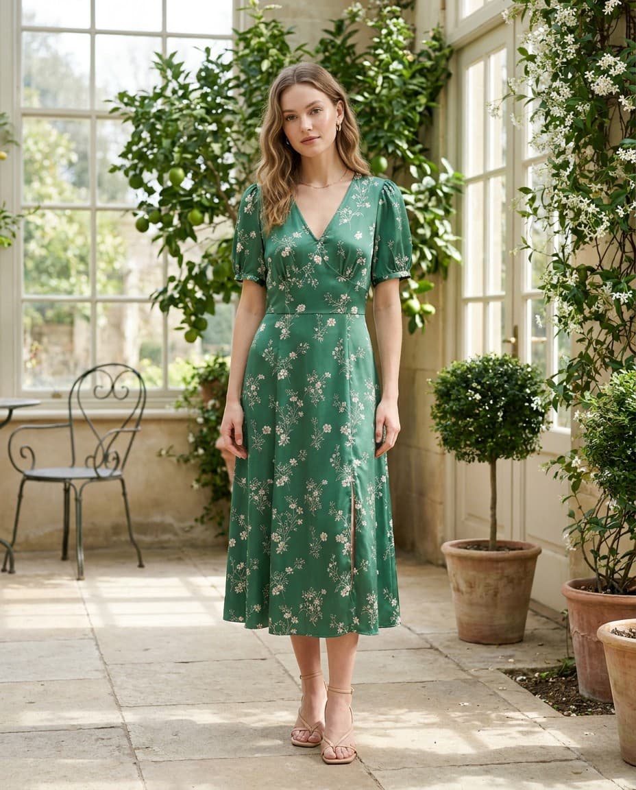 AI-generated on-model photo of the green floral midi dress on a garden terrace