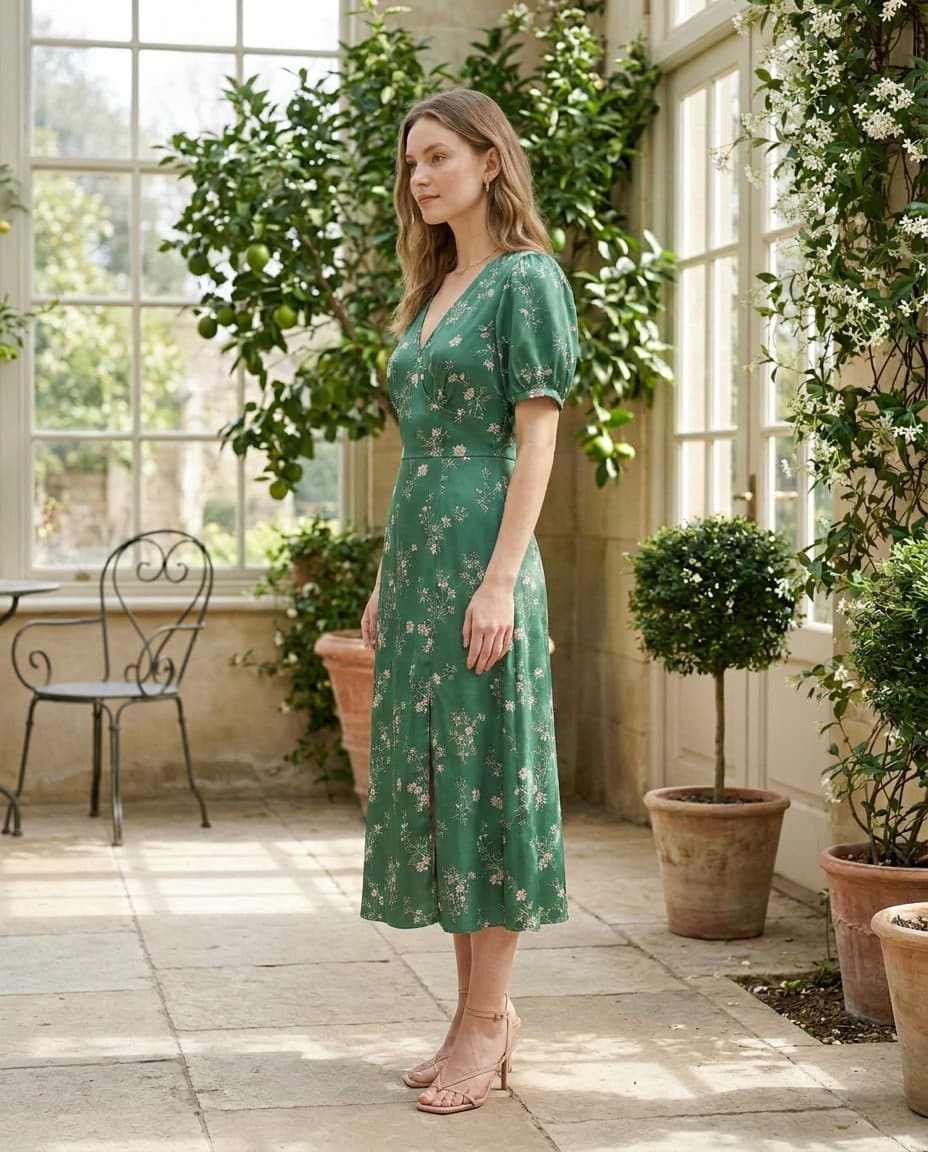 Side view of the green floral dress on a model