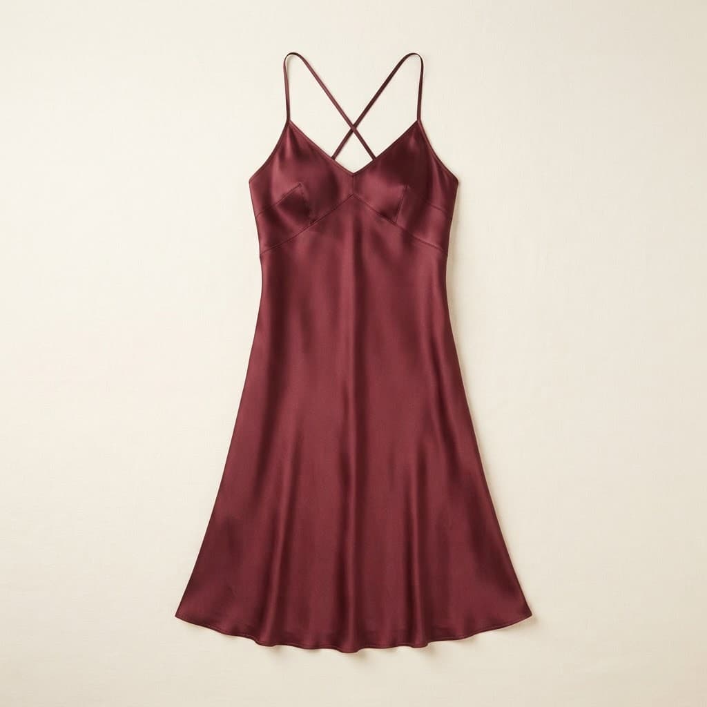 Flat-lay photo of a burgundy satin slip dress with cross-back straps