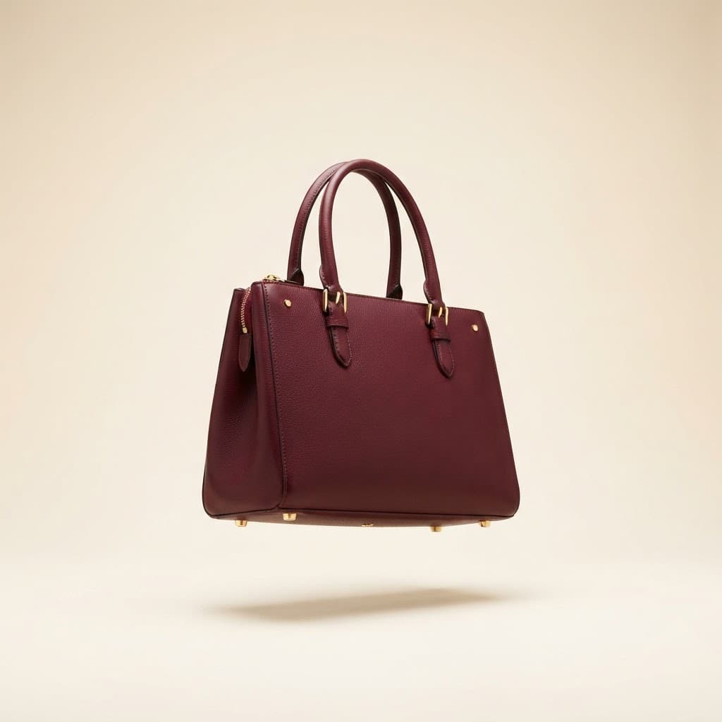 Burgundy leather structured top-handle tote bag on a cream background