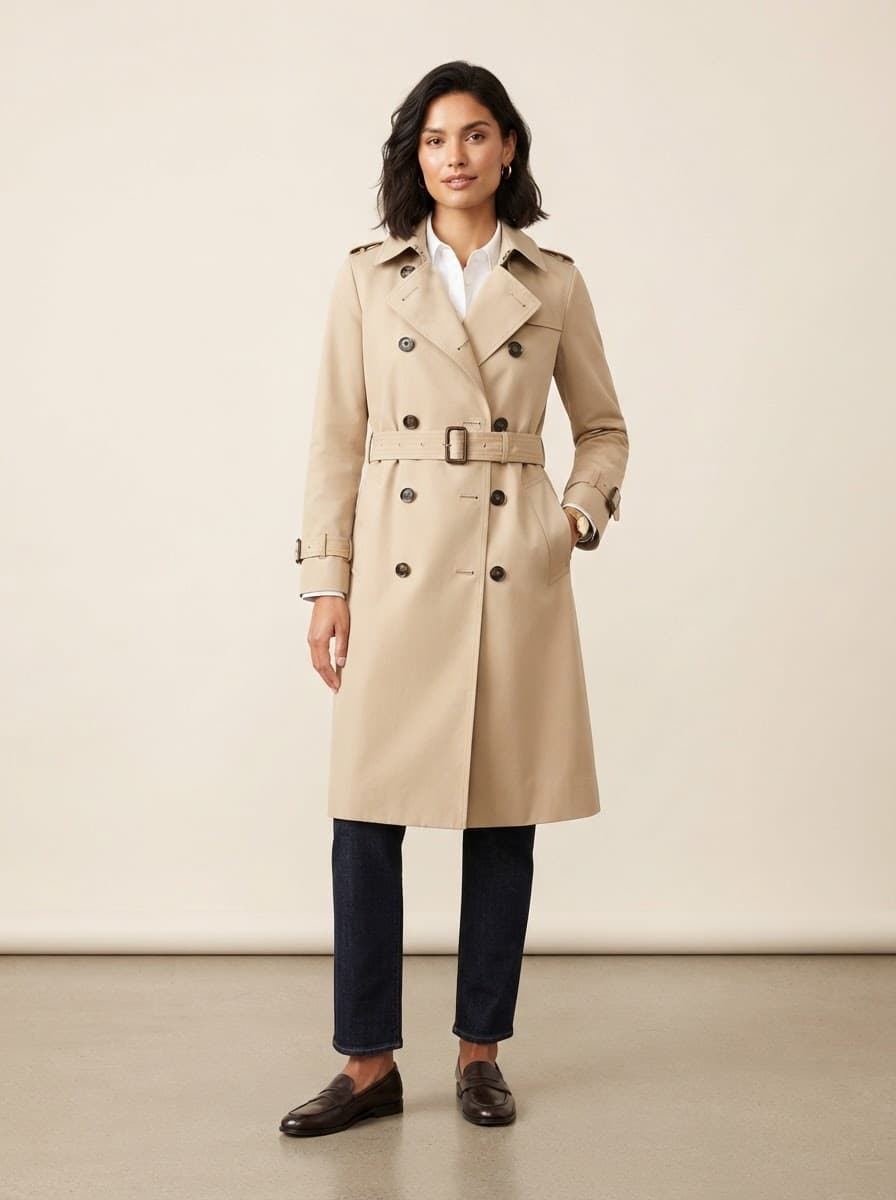 Classic beige belted trench coat over navy trousers on a model