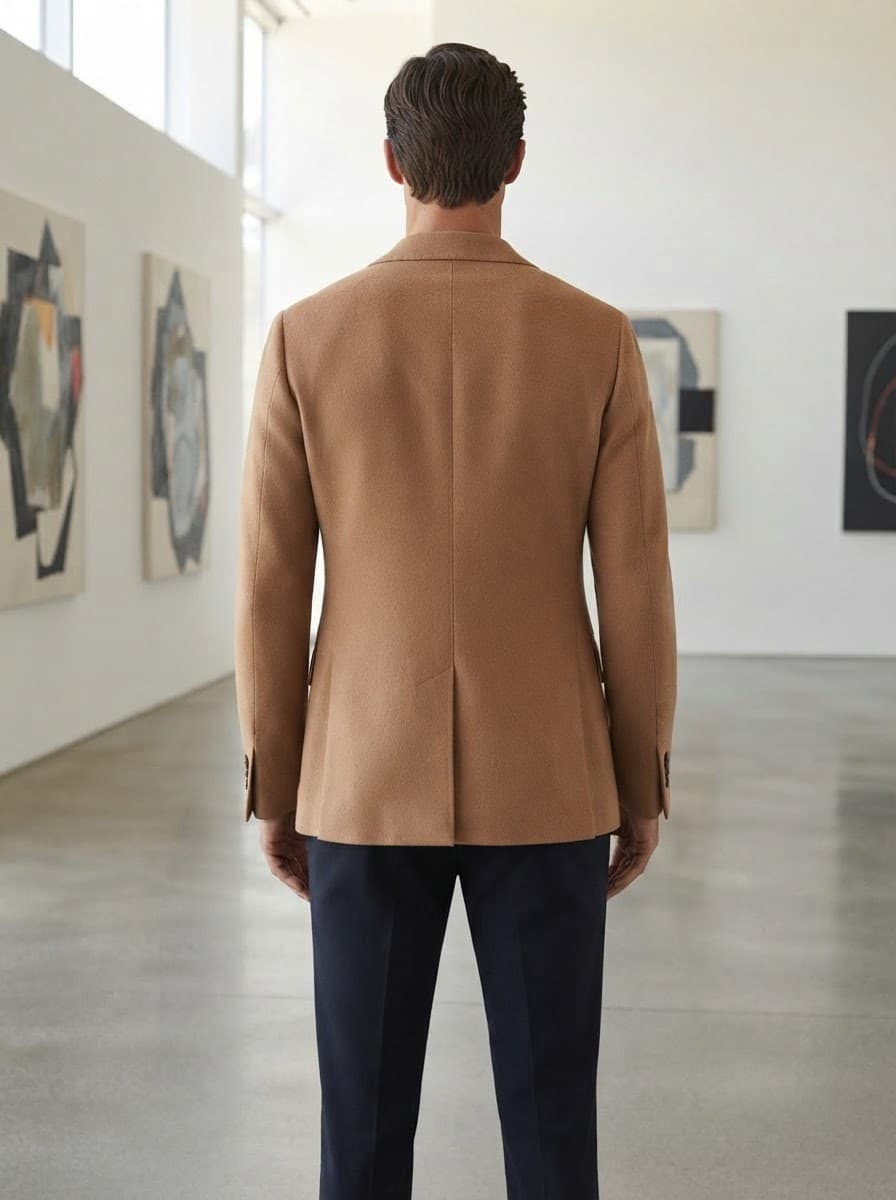 Back view of the camel blazer on a model