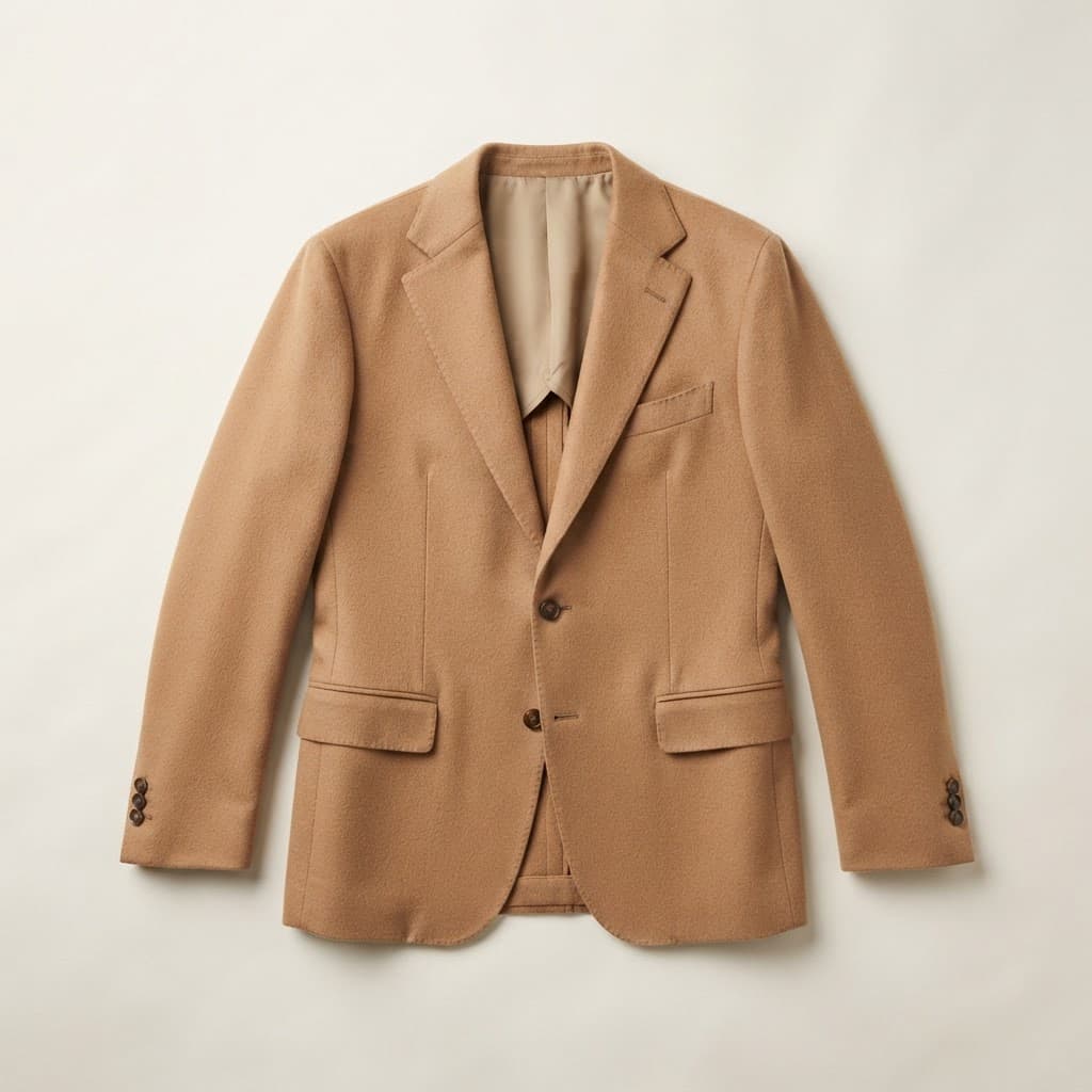 Flat-lay photo of a camel wool blazer