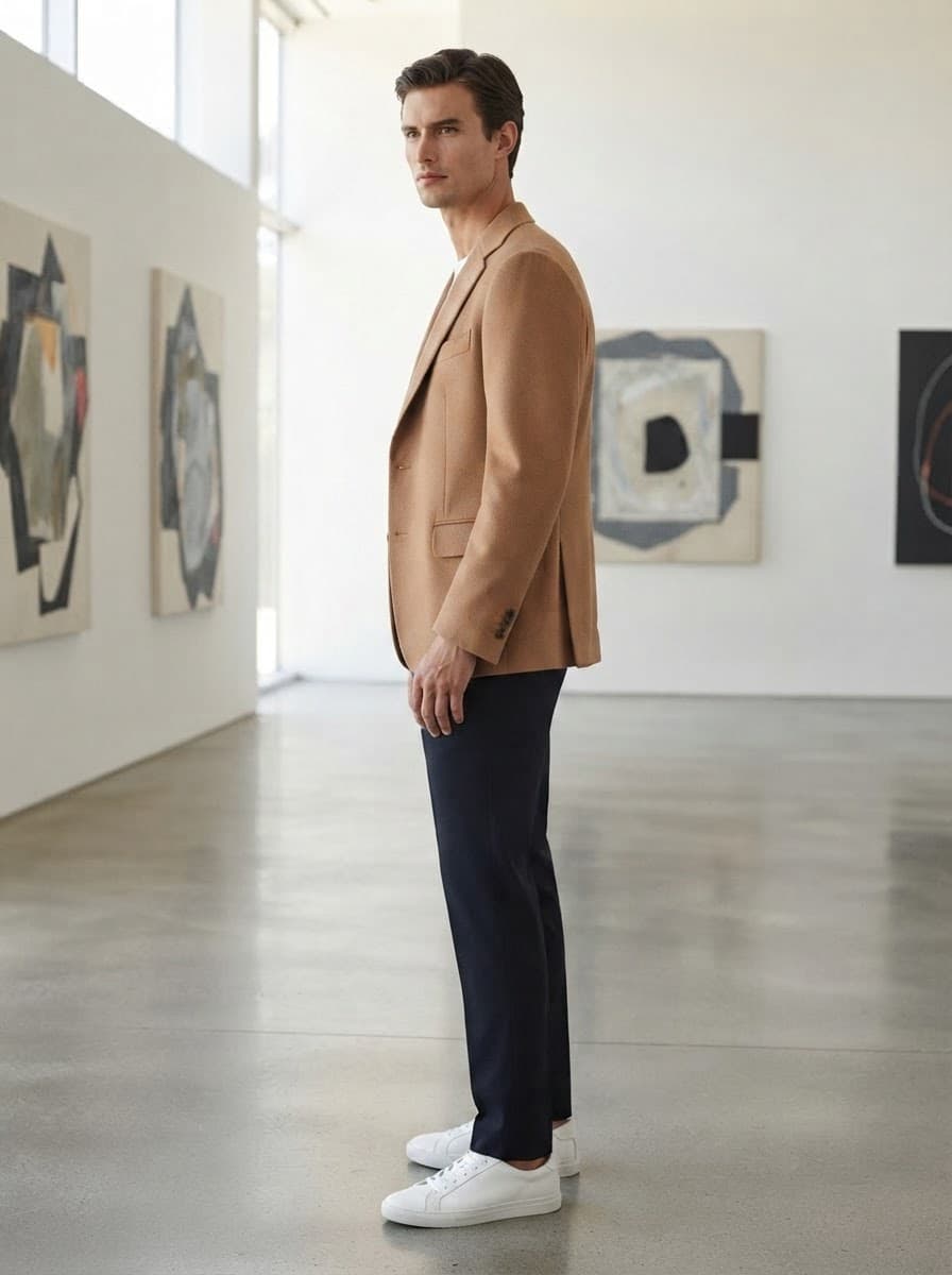 Side view of the camel blazer on a model