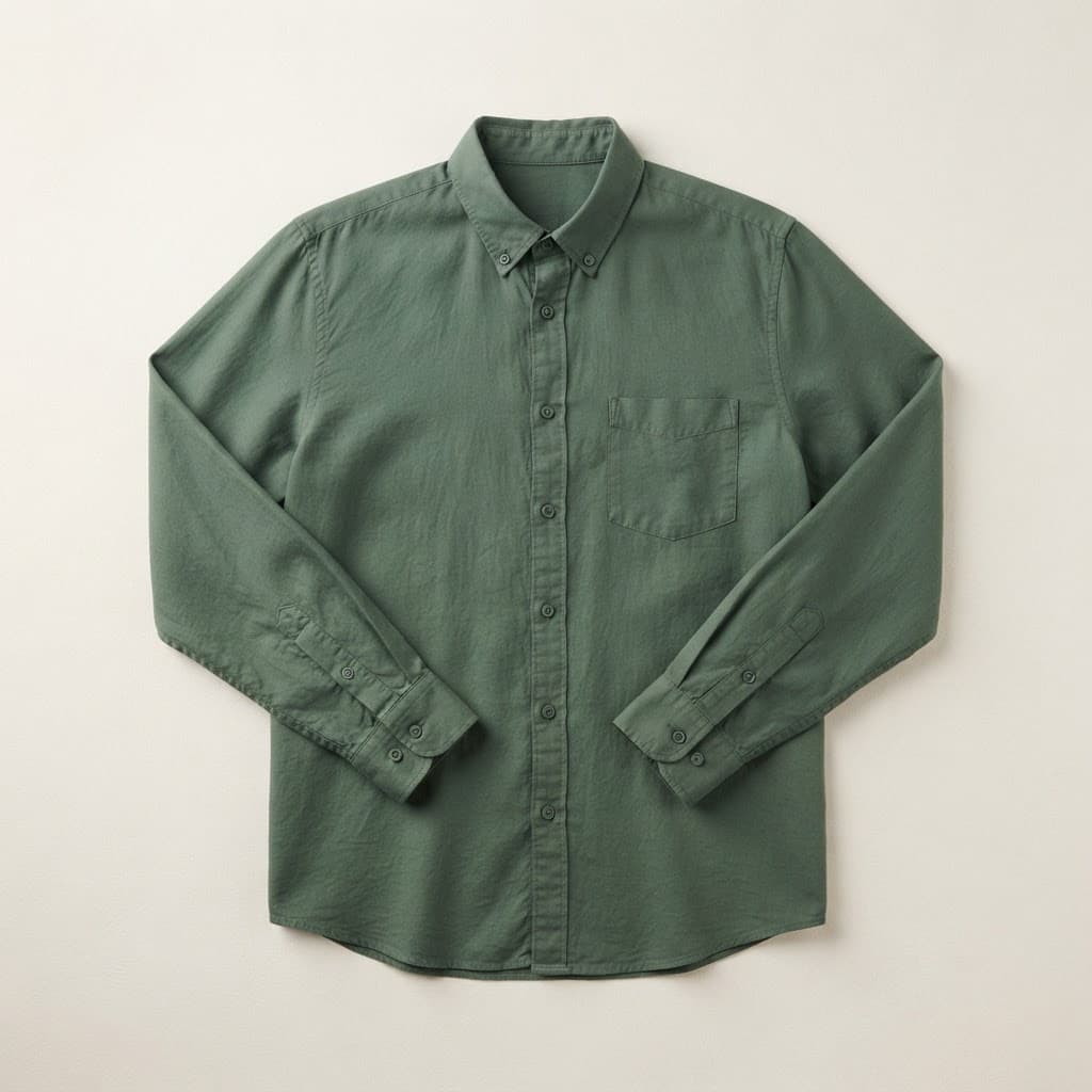Flat-lay photo of a sage green cotton-linen button-down shirt on a plain background
