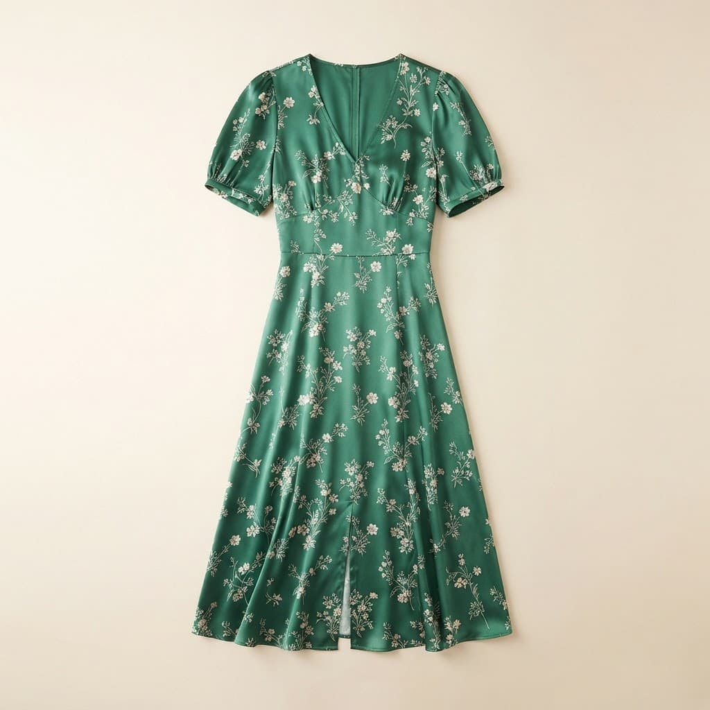 Flat-lay photo of a green floral print midi dress