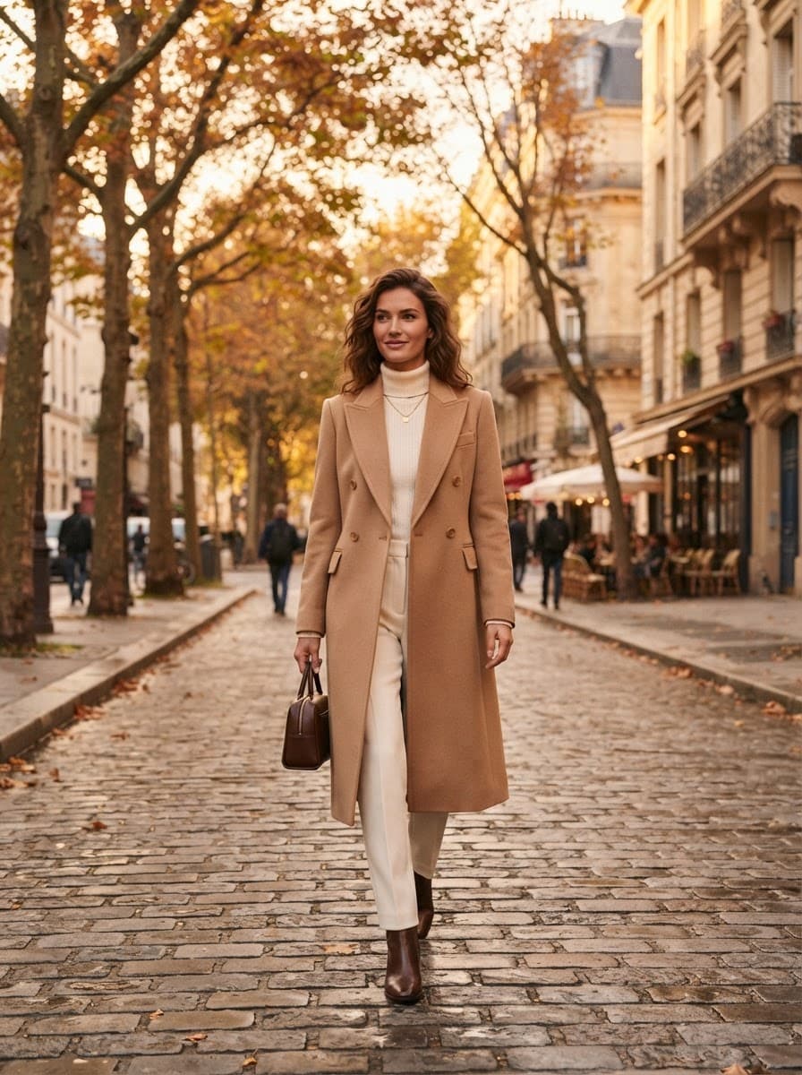 Camel coat and burgundy handbag on a model walking an autumn Paris street