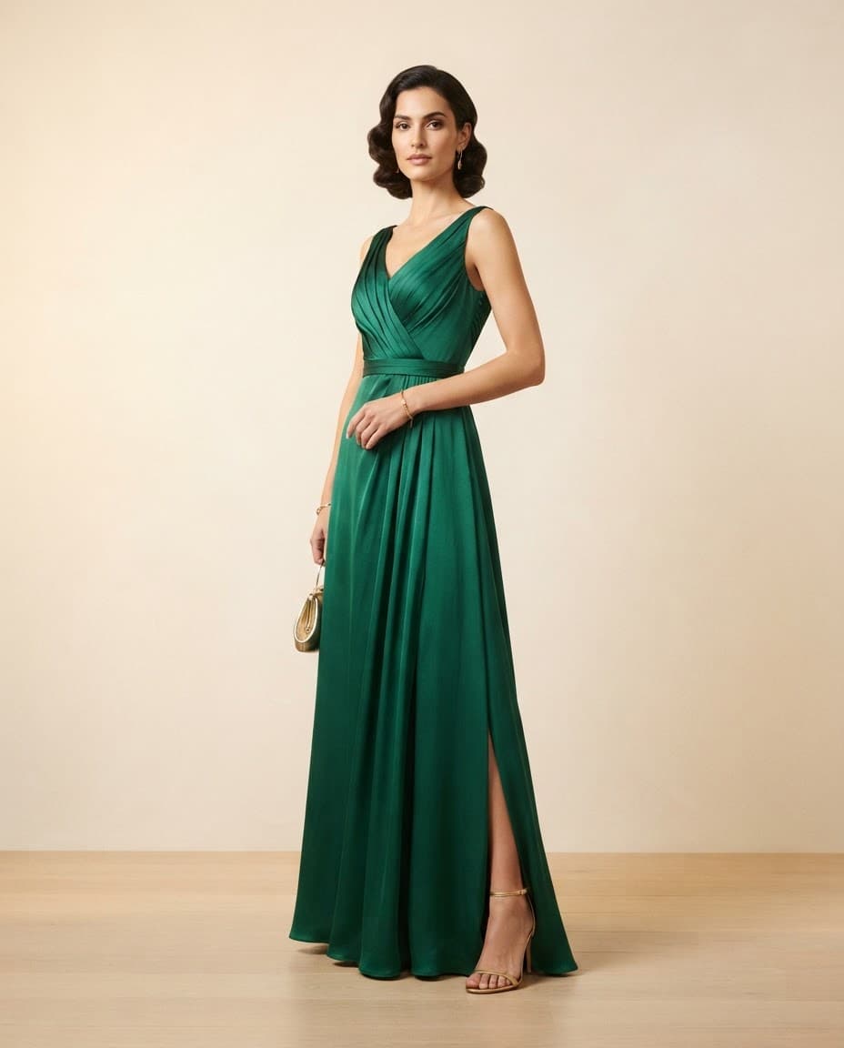 Emerald satin evening gown with a thigh slit on a model in a studio