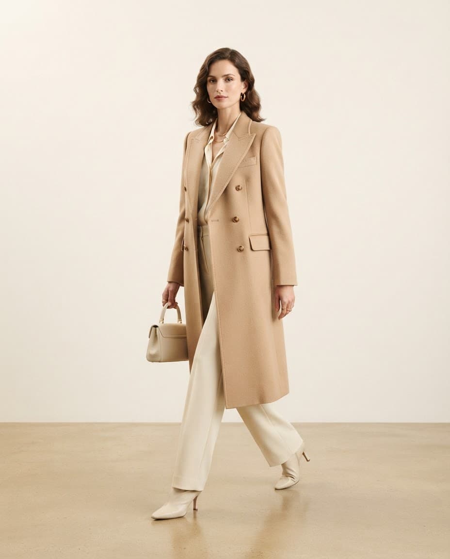 Camel double-breasted wool coat with cream trousers on a model