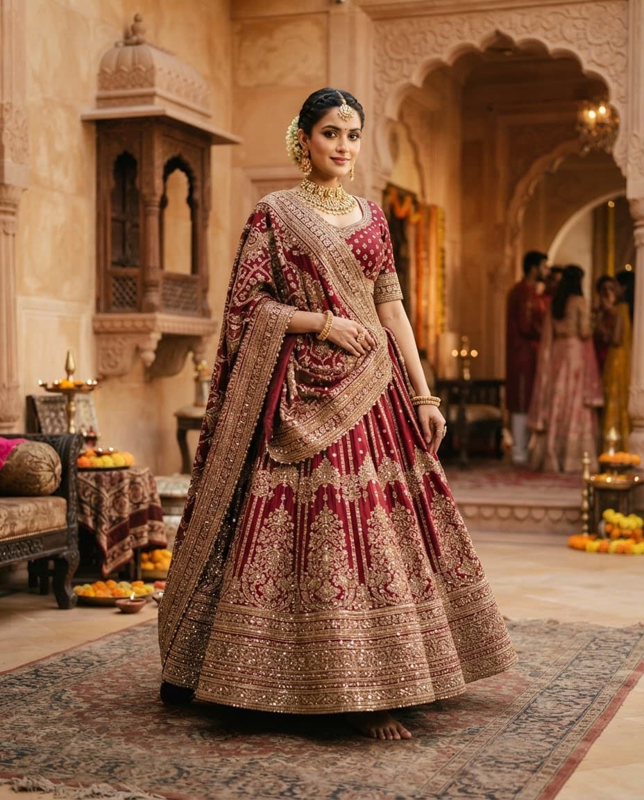 Maroon embroidered bridal lehenga with dupatta on a model in a palace interior