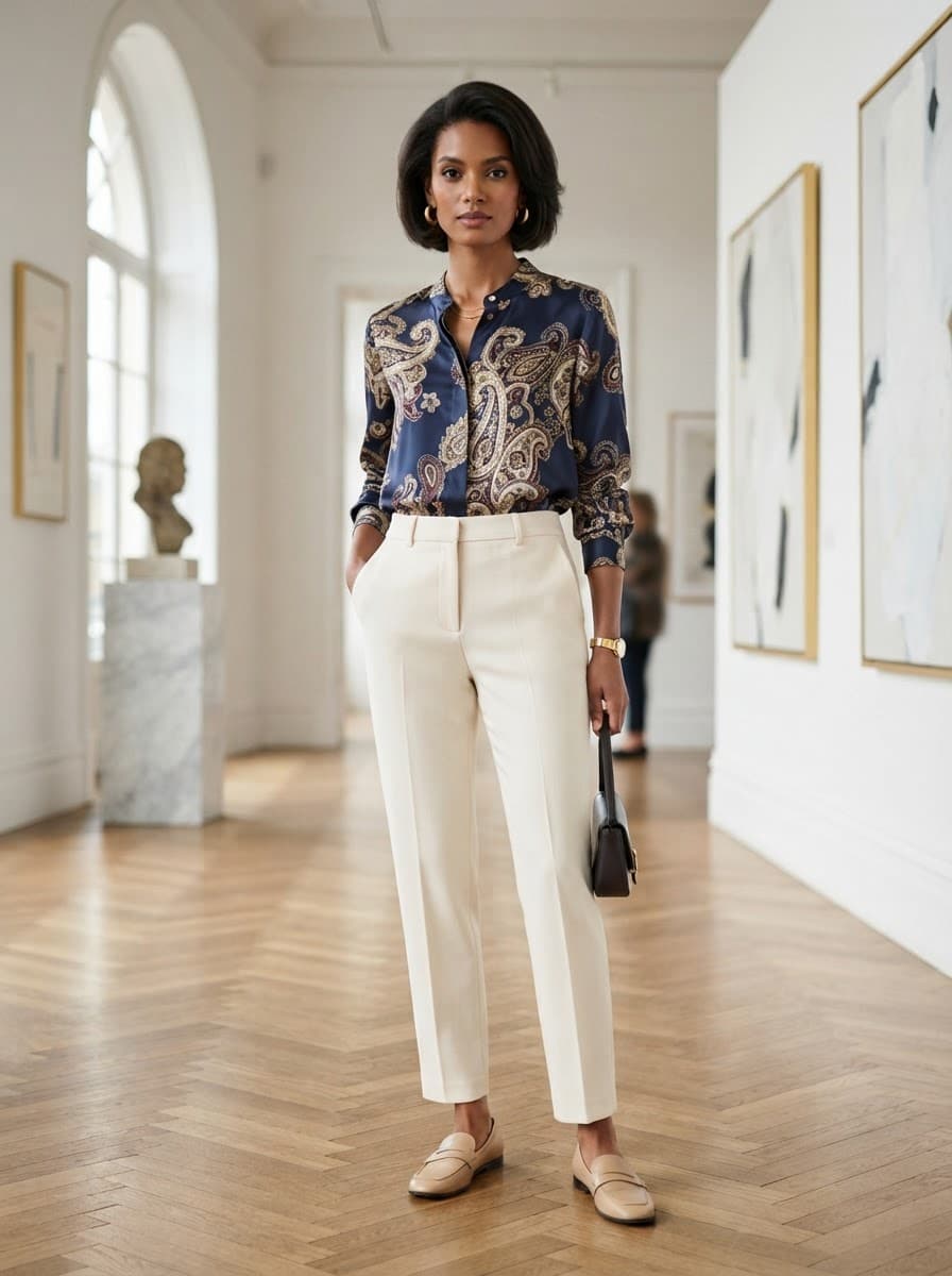 Navy paisley print blouse with white tailored trousers on a model in a gallery