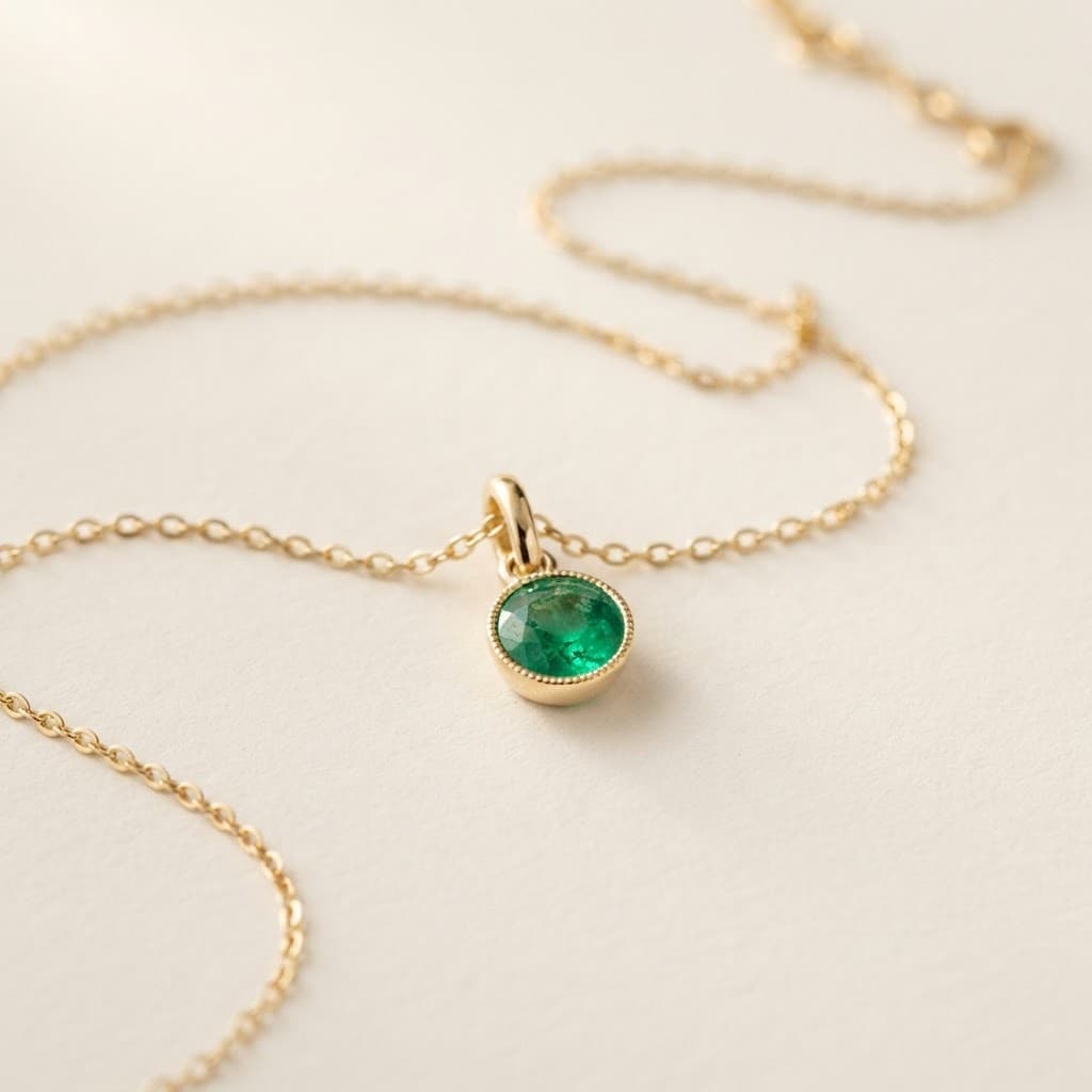 Gold chain necklace with an emerald pendant on a cream background