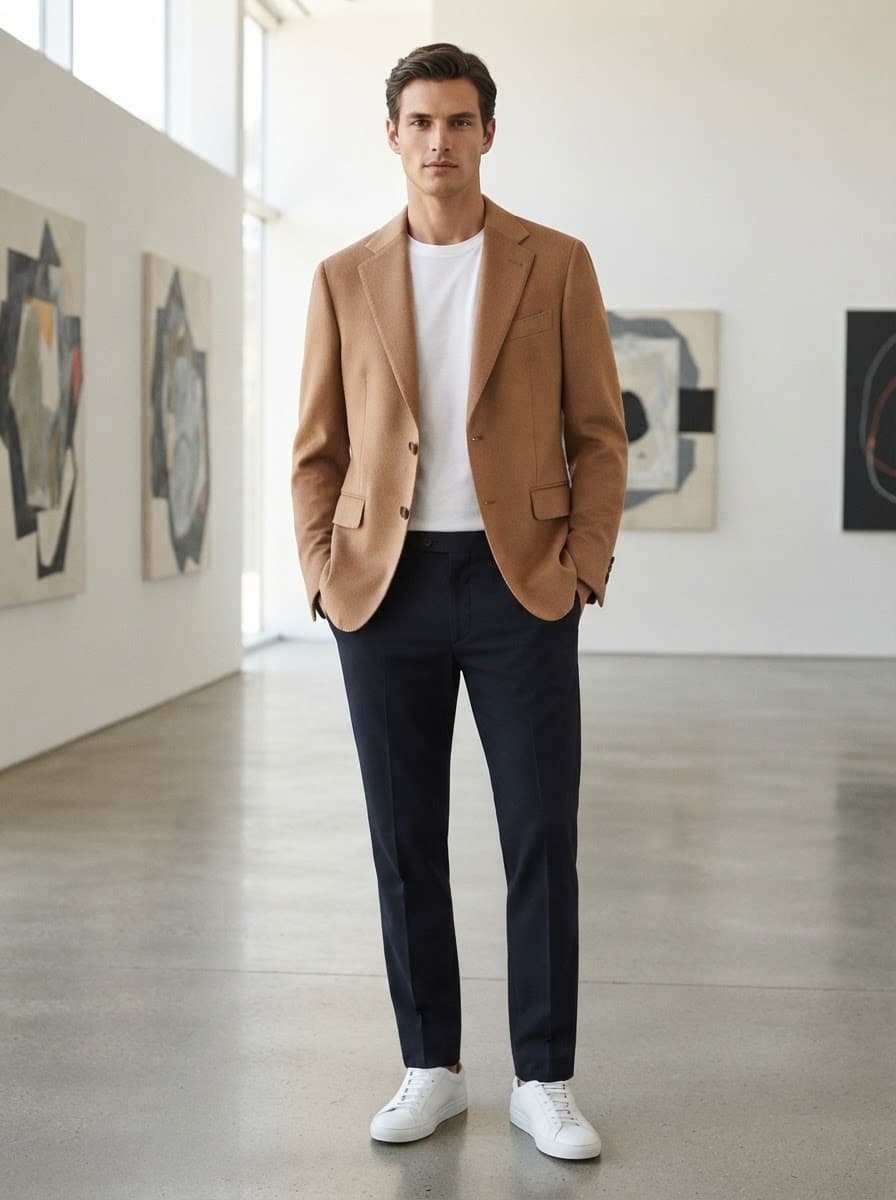 AI-generated on-model photo of the camel blazer worn with navy trousers in a gallery