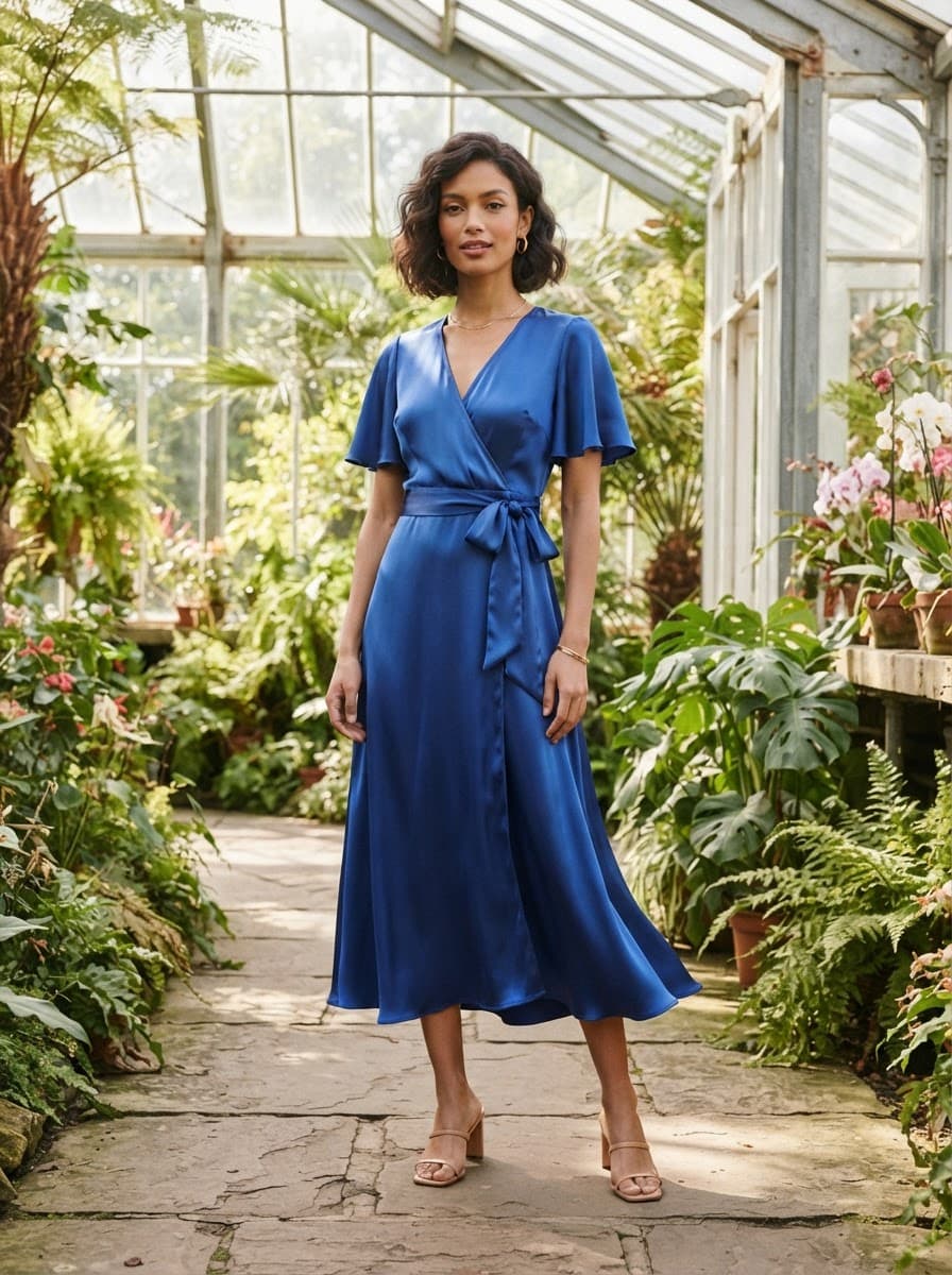 AI-generated on-model photo of the cobalt wrap dress in a glasshouse garden