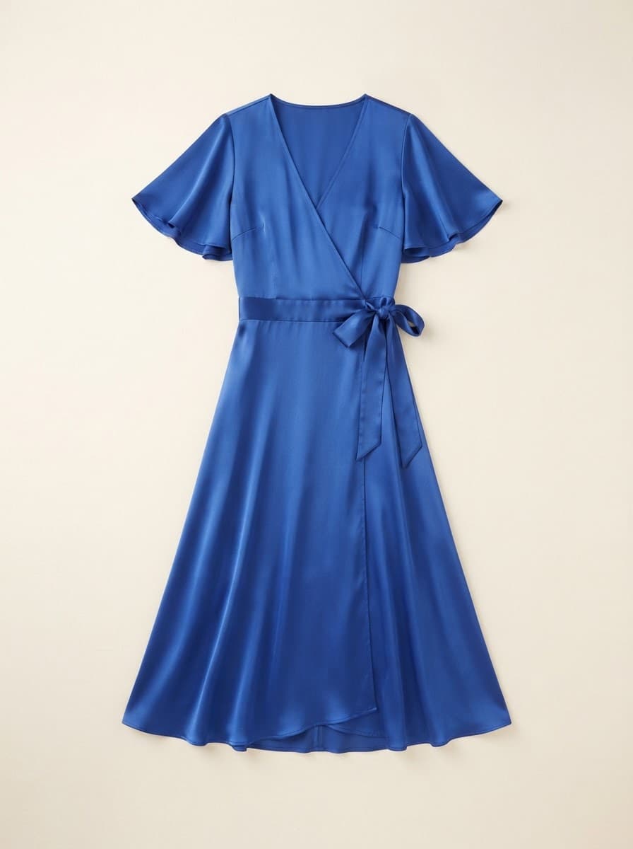 Flat-lay photo of a cobalt blue satin wrap dress with flutter sleeves