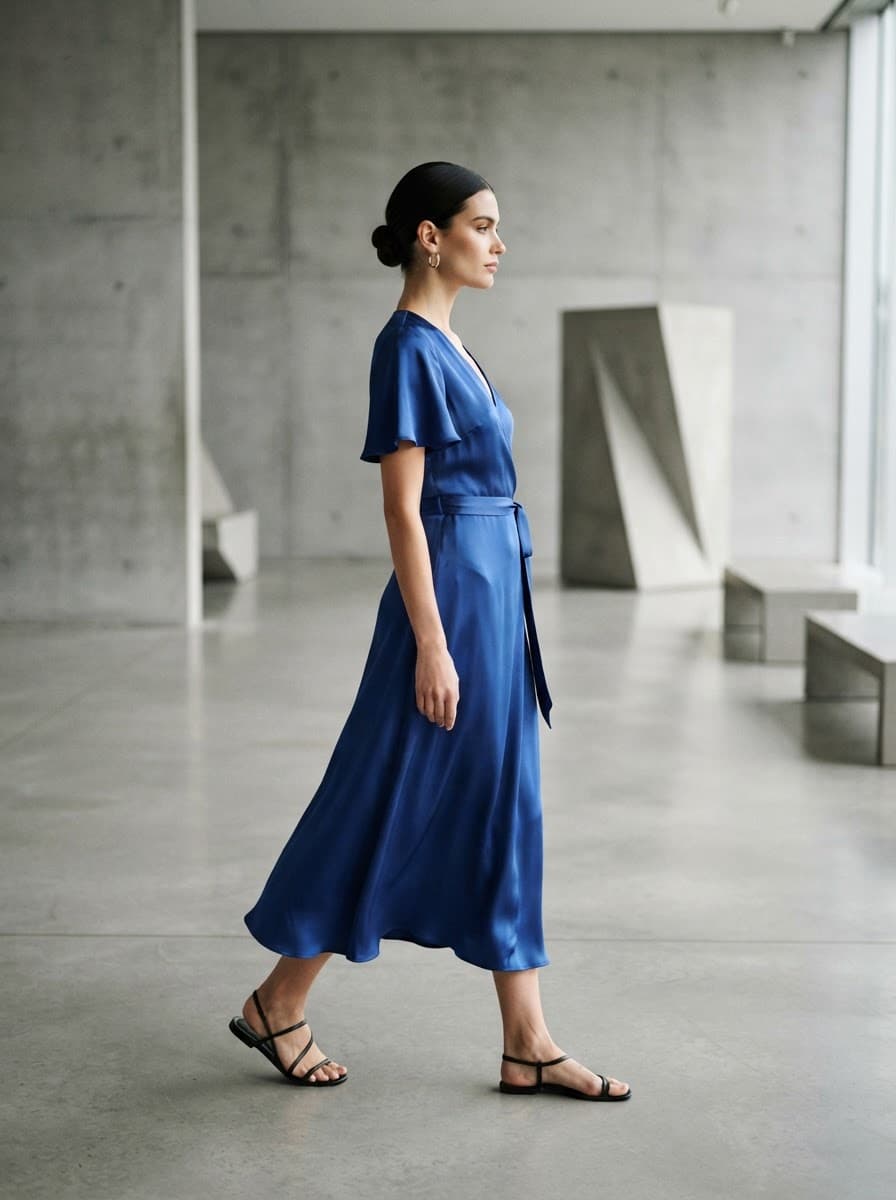 Side view of the cobalt wrap dress on a model