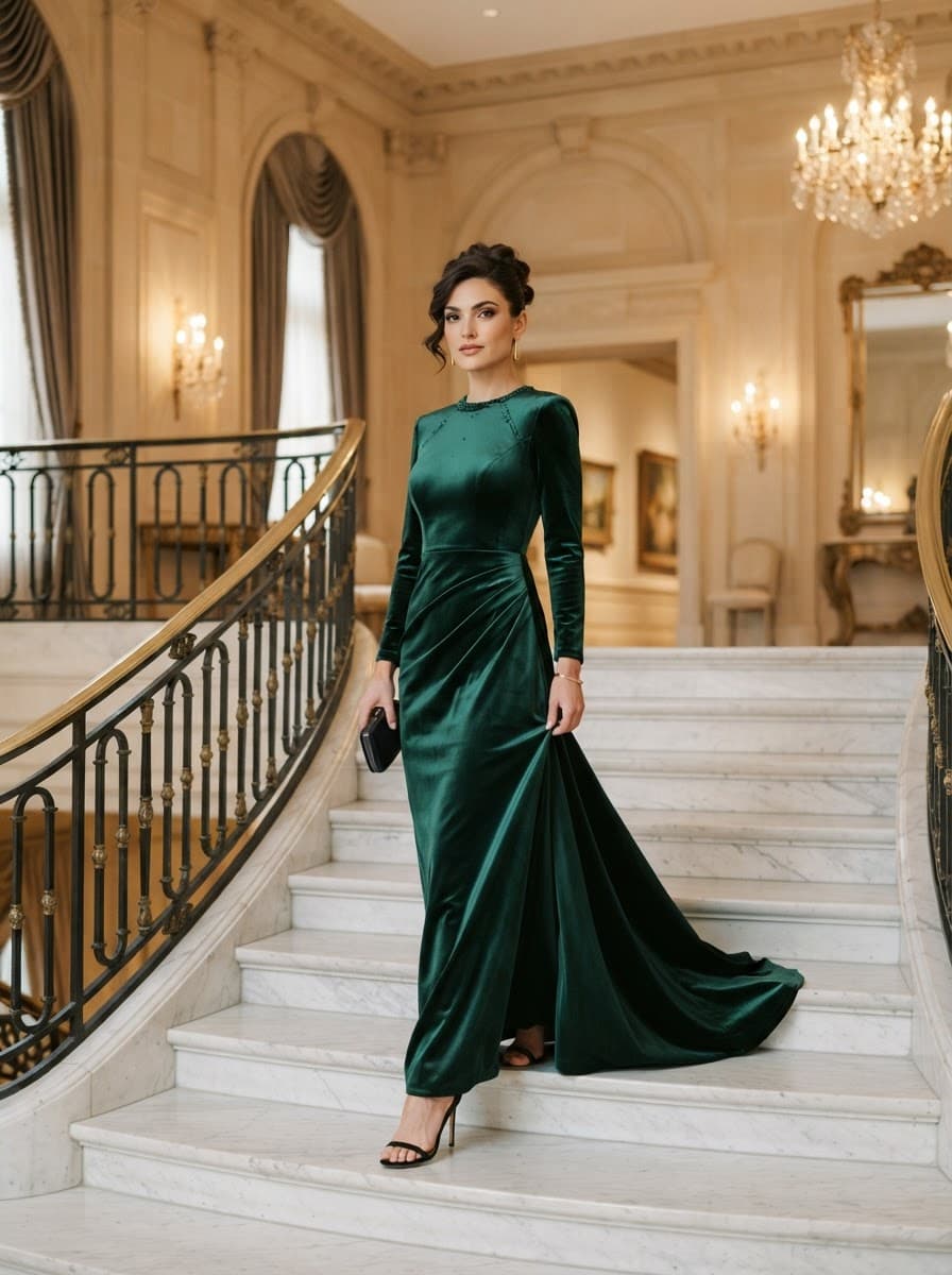 Emerald velvet gown on a model descending a marble staircase