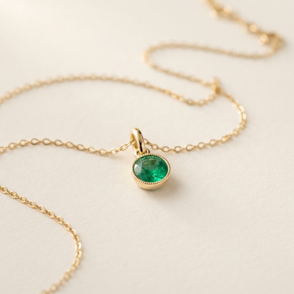 A gold pendant necklace with an emerald stone.