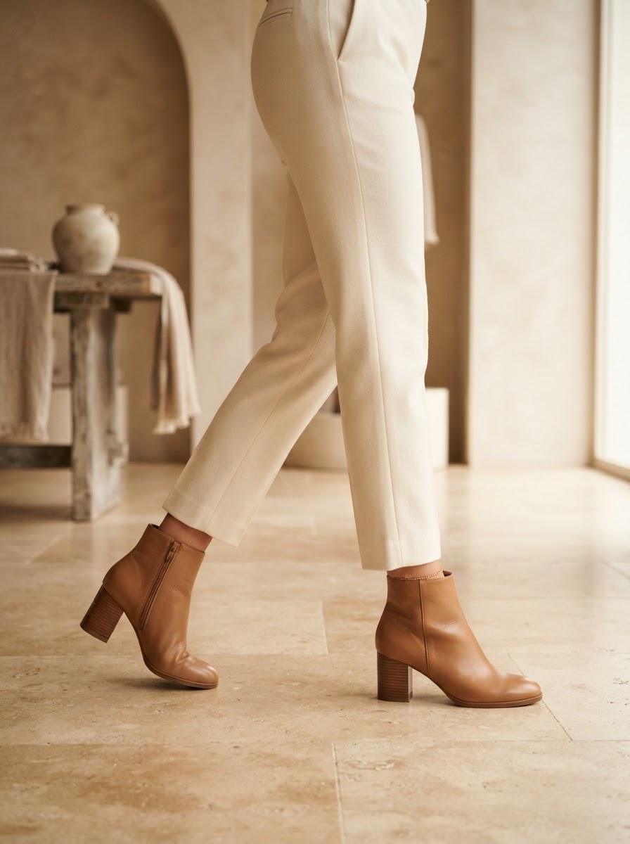 The tan ankle boots worn on a model.
