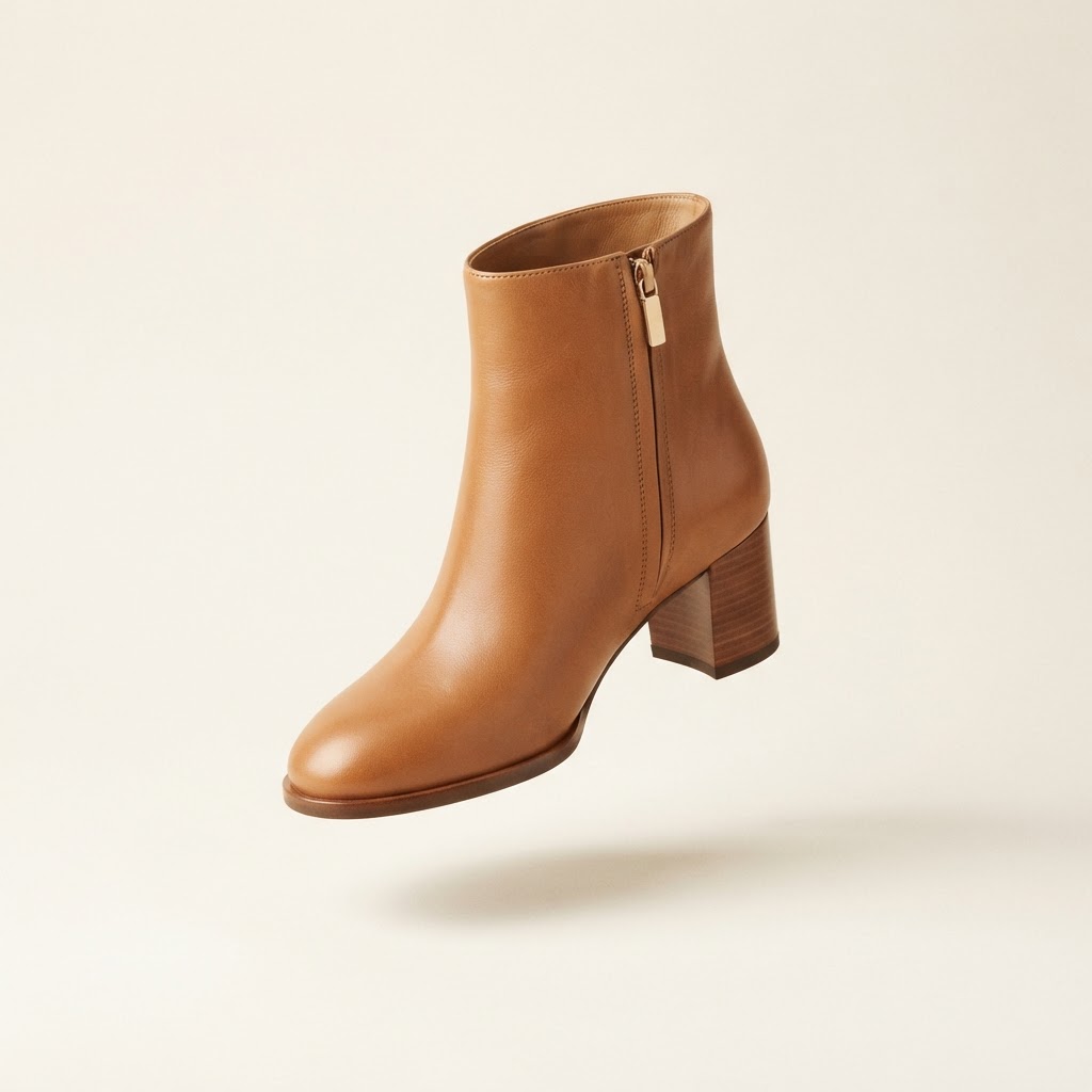 A tan leather block-heel ankle boot.