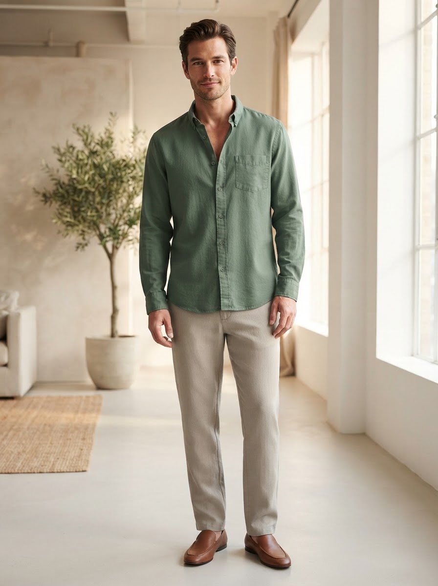 The same shirt photographed on a model in a sunlit interior.