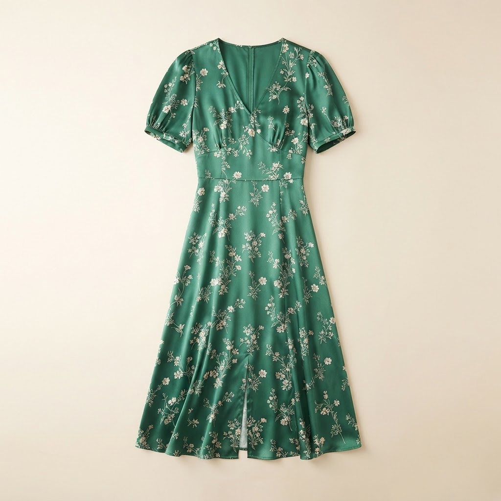 A flat-lay photograph of an emerald silk-satin midi dress with an ivory floral print.